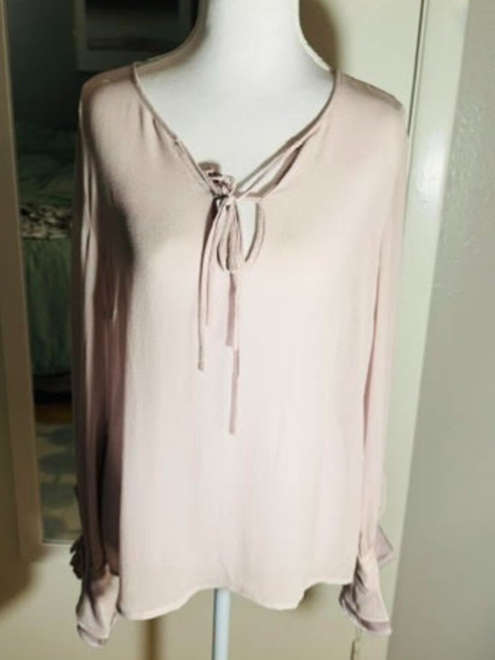 Fenn Wright Manson Blush Pink Sheer Tie Neck Flare Sleeve Blouse UK 14
